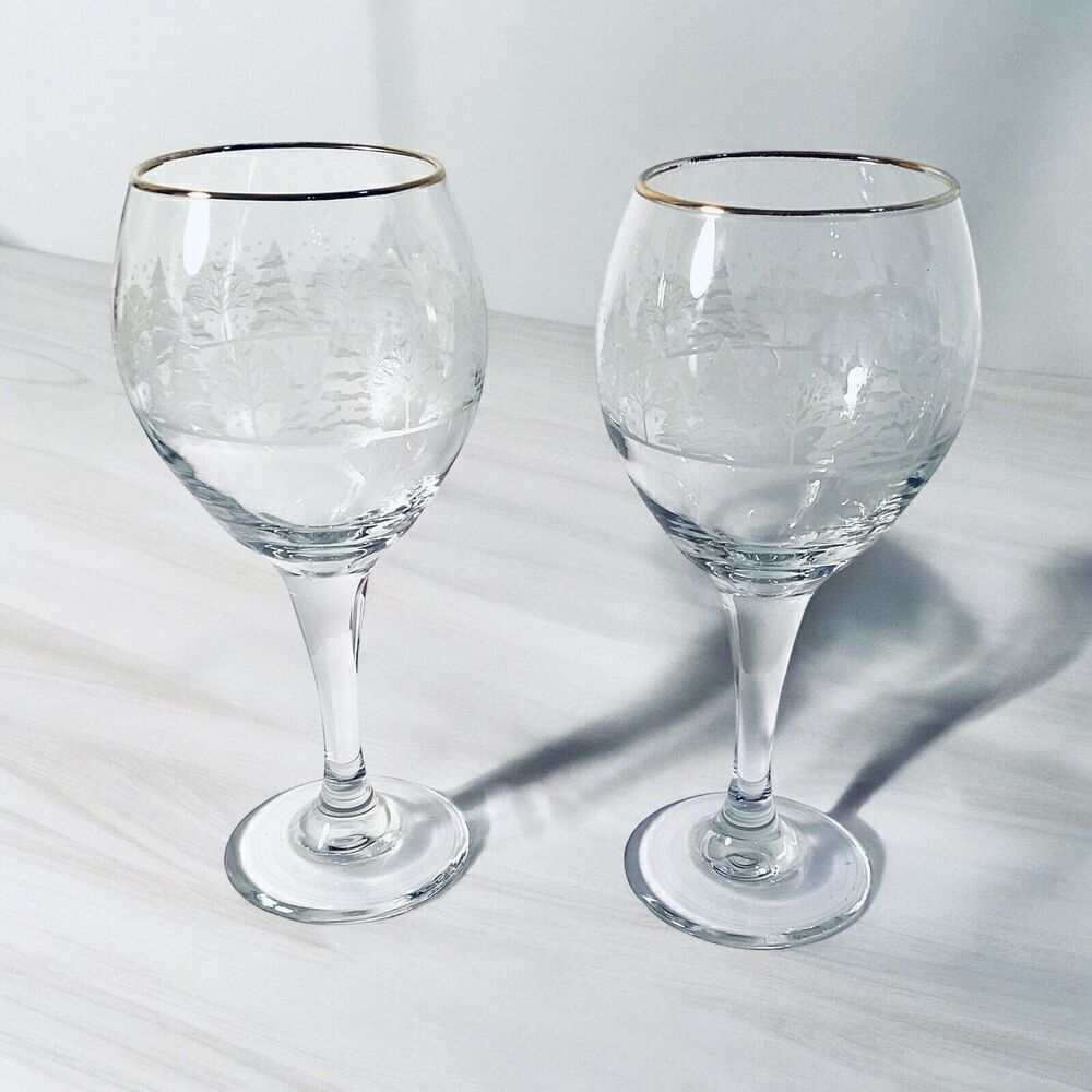 Christmas Winter Snow Trees White Frosted Goblets Gold Rims 8"